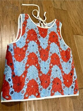 MSGM Red & Burnt Orange Floral Eyelet Shell